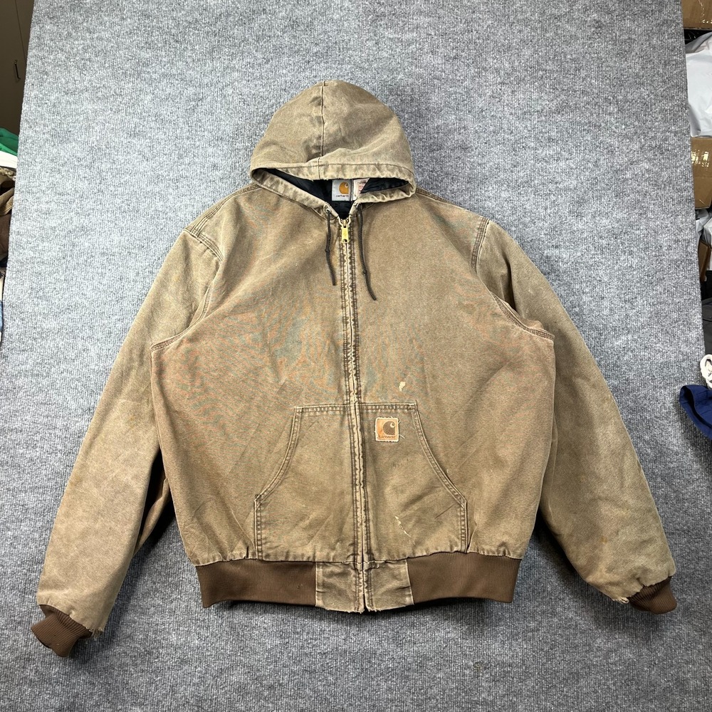 Carhartt Jacket Mens 2XL Beige Full Zip Warm Insulated Hooded Workwear Utility